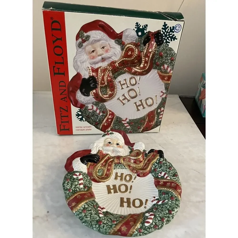 Fitz and Floyd Santa Wreath Canape Plate Appetizer Christmas Holiday Party Ho Ho